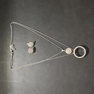 Silver Tone Clear Rhinestone Double Strand Statement Necklace and Earrings Set